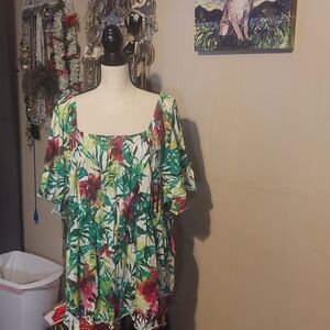 Lane Bryant Green and Pink Flutter Sleeve Blouse. Perfect For a Luau Party
